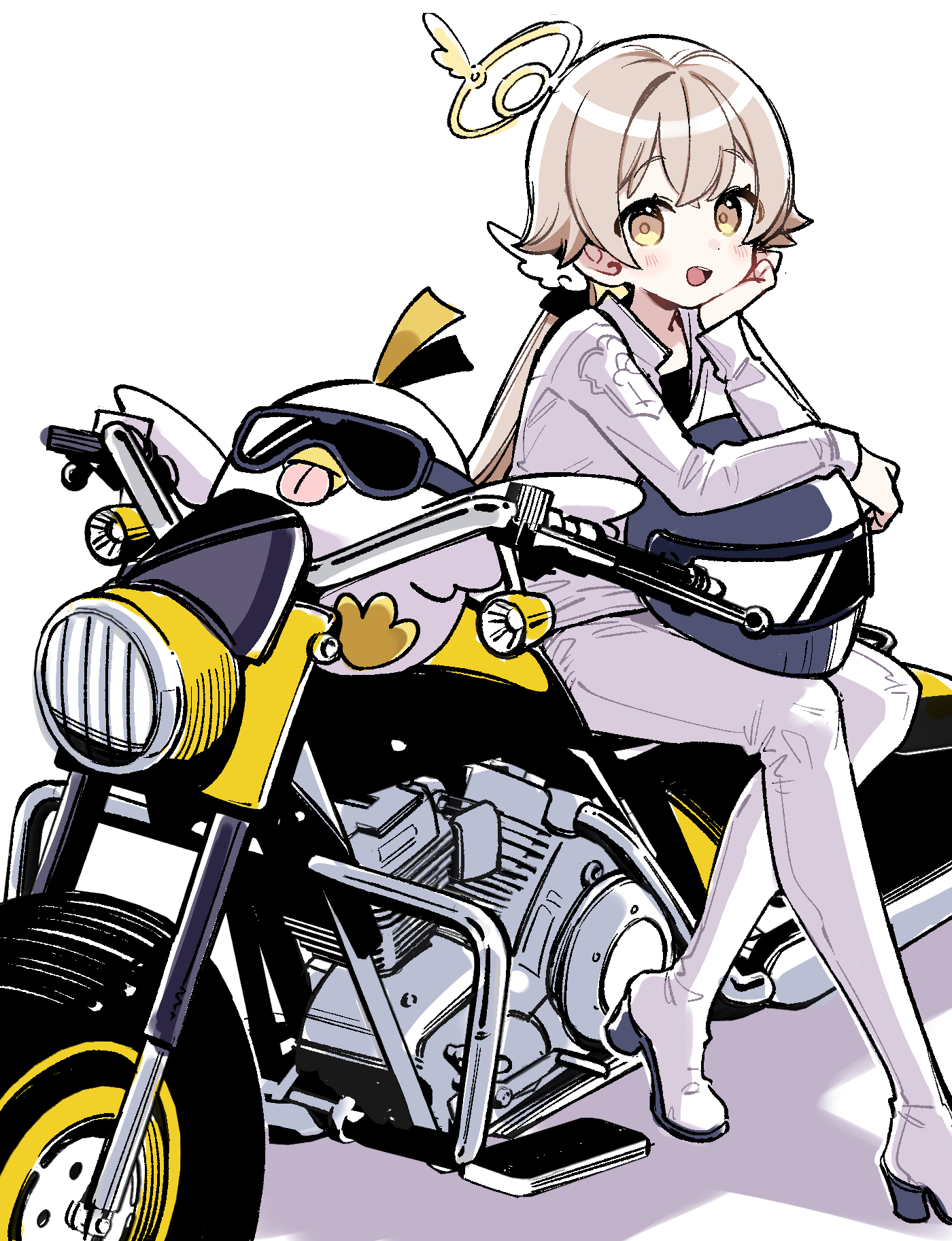 kurihara sakura, hifumi (blue archive), peroro (blue archive), blue archive, highres, 1girl, alternate costume, brown hair, halo, helmet, helmet in lap, high heels, jacket, long hair, looking at viewer, low twintails, motor vehicle, motorcycle, motorcycle helmet, open mouth, pants, sitting, solo, twintails, unworn headwear, unworn helmet, white background, white jacket, white pants, yellow eyes, yellow halo