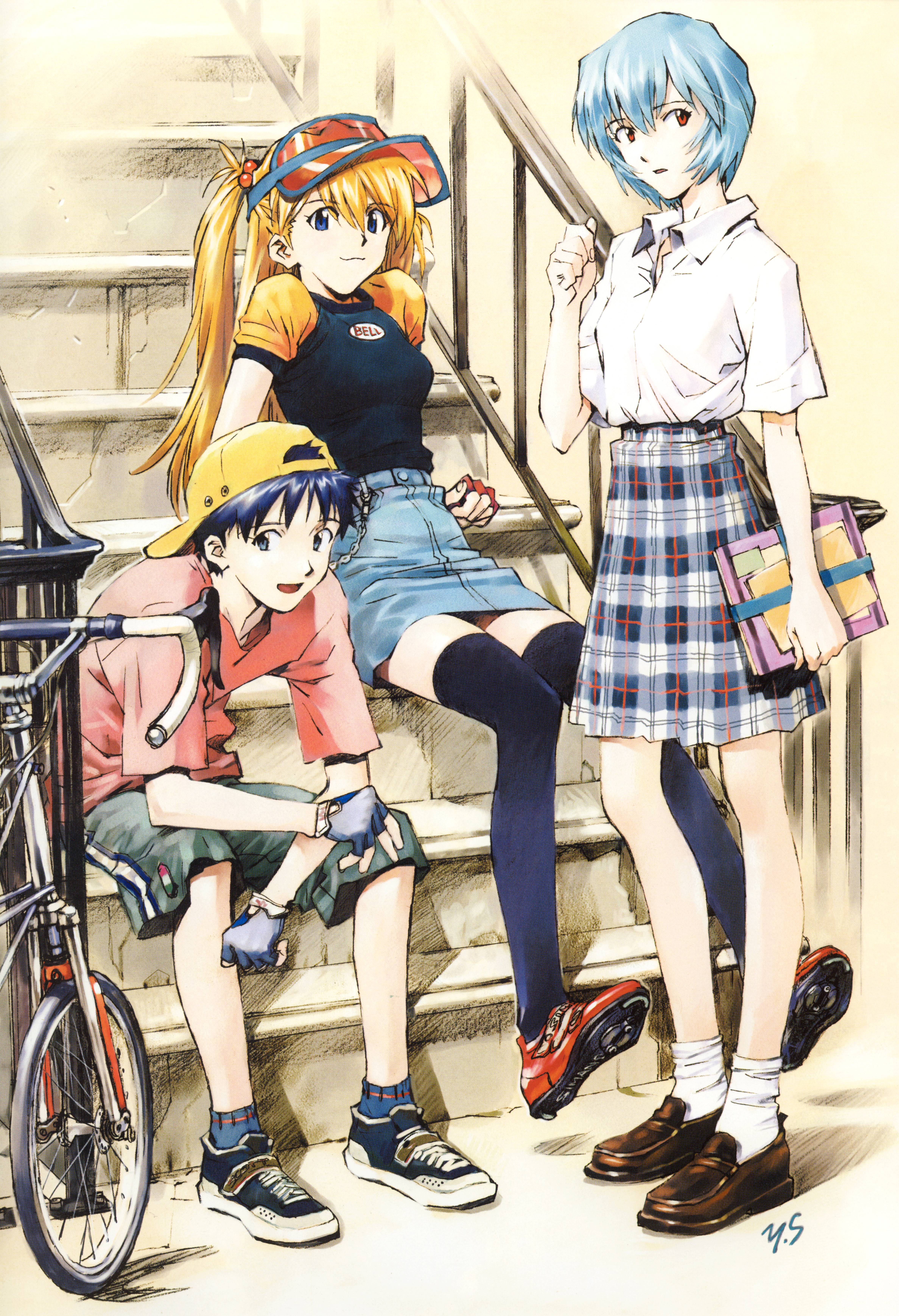 sadamoto yoshiyuki, ayanami rei, ikari shinji, souryuu asuka langley, neon genesis evangelion, absurdres, highres, 1990s (style), 1boy, 2girls, :3, backwards hat, bicycle, black hair, blue eyes, blue hair, book, casual, fingerless gloves, gloves, hair bobbles, hair ornament, hat, long hair, multiple girls, pale skin, plaid clothes, plaid skirt, pleated skirt, raglan sleeves, red eyes, red hair, retro artstyle, school uniform, serafuku, short hair, sitting, sitting on stairs, skirt, stairs, standing, thighhighs, visor cap