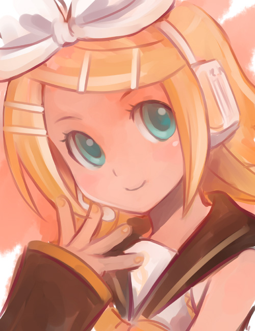 ha-ru, kagamine rin, vocaloid, 1girl, aqua eyes, blonde hair, female focus, hair ornament, hair ribbon, hairclip, headphones, portrait, ribbon, school uniform, serafuku, short hair, smile, solo
