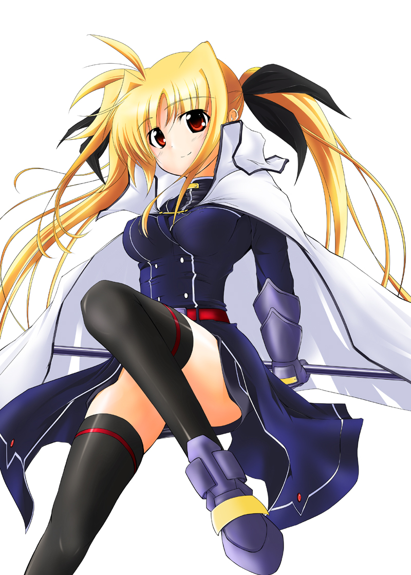 kunon, fate testarossa, fate testarossa (impulse form), lyrical nanoha, mahou shoujo lyrical nanoha, mahou shoujo lyrical nanoha strikers, 00s, blonde hair, cape, long hair, red eyes, solo, thighhighs, twintails, zettai ryouiki