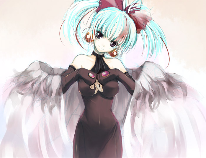 won (az hybrid), original, 1girl, aqua hair, bare shoulders, black dress, black gloves, breasts, dress, elbow gloves, female focus, gloves, green eyes, hands on own chest, looking at viewer, ribbon, solo