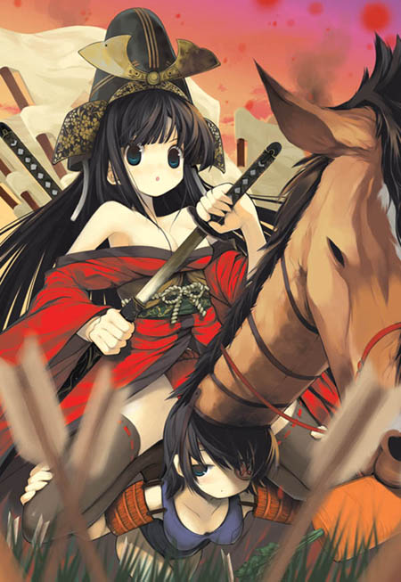 yaegashi nan, original, 2girls, :o, arrow (projectile), banner, bare shoulders, black hair, blurry, depth of field, eyepatch, flag, green eyes, helmet, horse, horse mask, horseback riding, japanese clothes, katana, kimono, mask, multiple girls, off shoulder, on person, planted, planted arrow, riding, sheath, sword, unsheathing, weapon