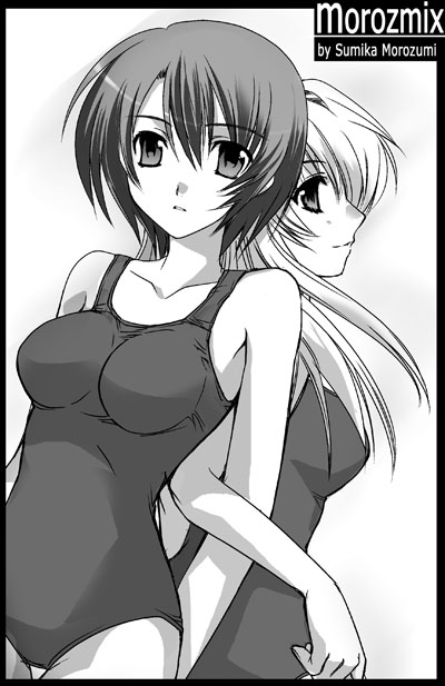 morozumi junka, original, 2girls, greyscale, monochrome, multiple girls, one-piece swimsuit, school swimsuit, swimsuit