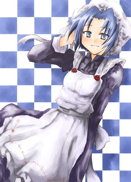 original, 1girl, apron, arm up, blush, checkered background, dutch angle, female focus, frills, hand in own hair, long sleeves, looking at viewer, maid, maid apron, maid headdress, simple background, solo