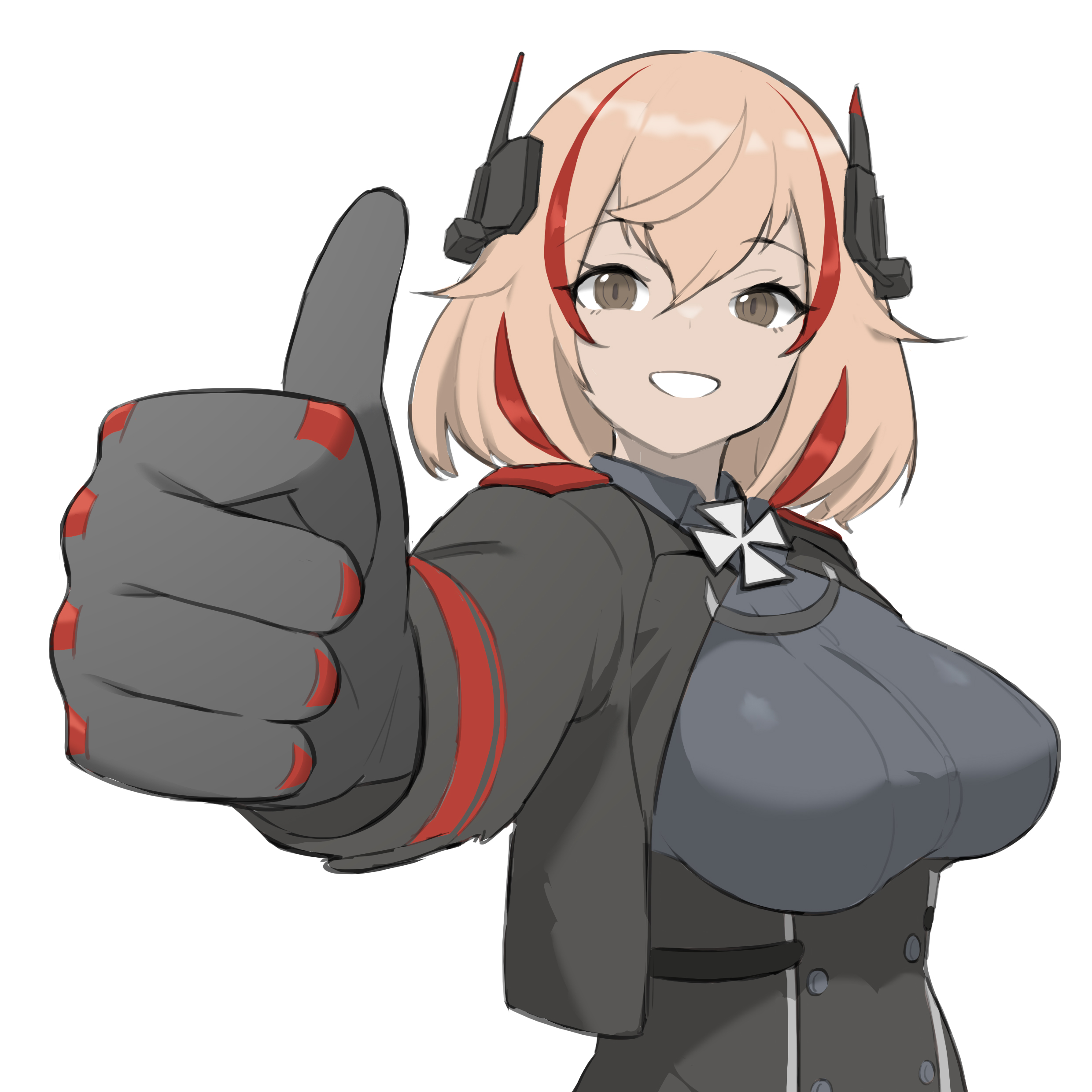 parallelrey, roon (azur lane), azur lane, absurdres, highres, 1girl, black gloves, black jacket, blonde hair, breasts, brown eyes, buttons, collared shirt, cross, gloves, grey shirt, horns, jacket, large breasts, mechanical horns, open clothes, open jacket, red streaks, shirt, shoulder boards, simple background, strap, thumbs up, underbust, white background