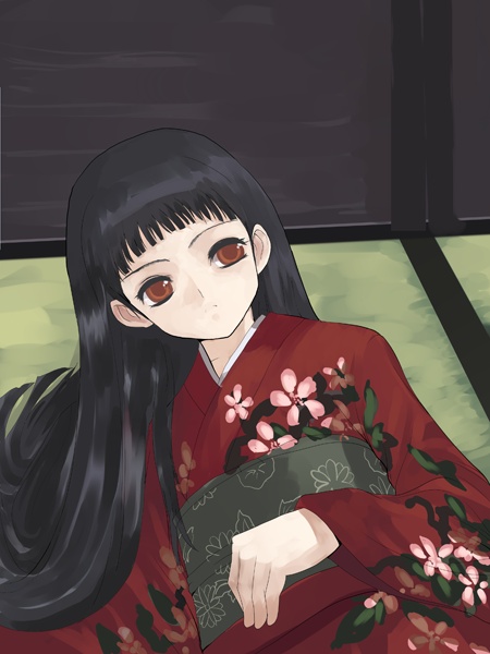 natori (natorism), original, 1girl, black hair, brown eyes, female focus, japanese clothes, kimono, long hair, lying, obi, on back, sash, solo, tatami