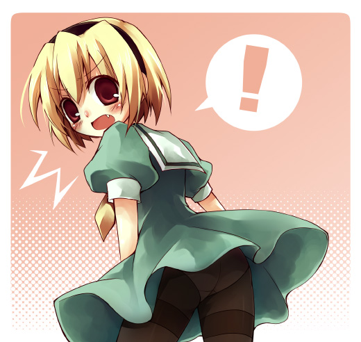 suzushiro kurumi, houjou satoko, higurashi no naku koro ni, !, 00s, 1girl, blonde hair, fang, female focus, pantyhose, pink background, simple background, solo, speech bubble, surprised, wind, wind lift