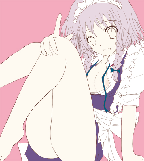rikudou inuhiko, izayoi sakuya, touhou, silver hair, unfinished, 1girl, bare legs, blouse, braid, breasts, female focus, flat color, knees up, legs, nipple slip, nipples, open clothes, open shirt, pink background, shirt, short hair, side braid, simple background, sitting, small breasts, solo, thighs, twin braids