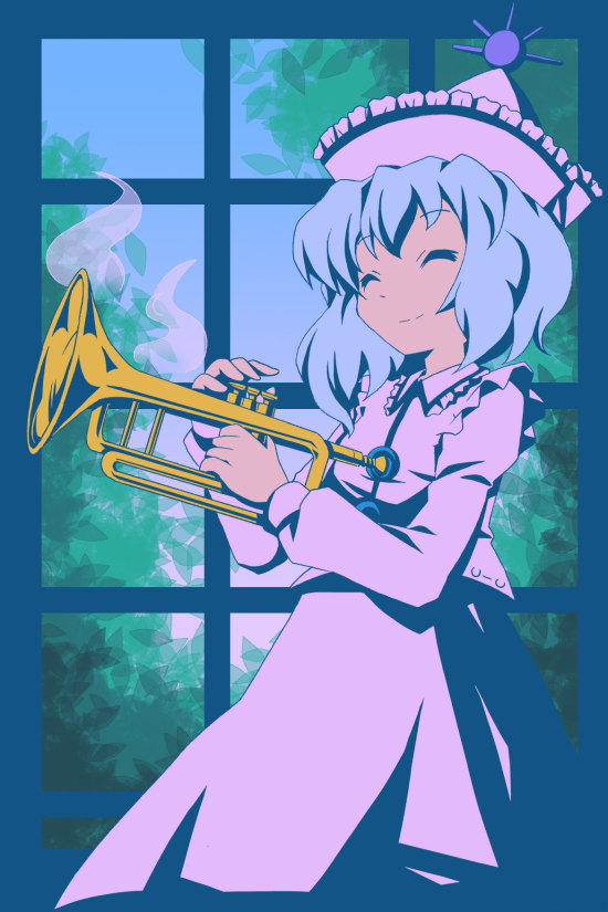 michii yuuki, merlin prismriver, touhou, 1girl, female focus, hat, indoors, instrument, sky, solo, trumpet