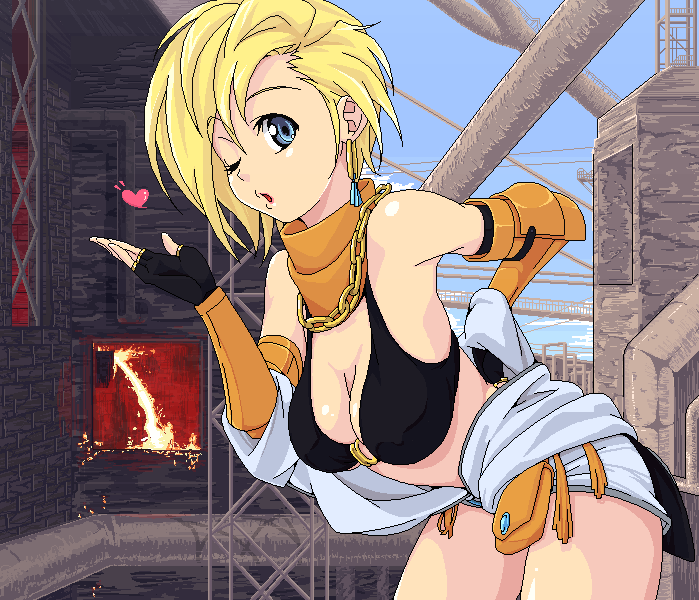 amami amayu, mechanic (ragnarok online), ragnarok online, 1girl, bare shoulders, bikini, bikini top only, black bikini, blonde hair, blowing kiss, blue eyes, breasts, cleavage, day, female focus, hanging breasts, heart, large breasts, looking at viewer, oekaki, one eye closed, outdoors, solo, swimsuit, wink