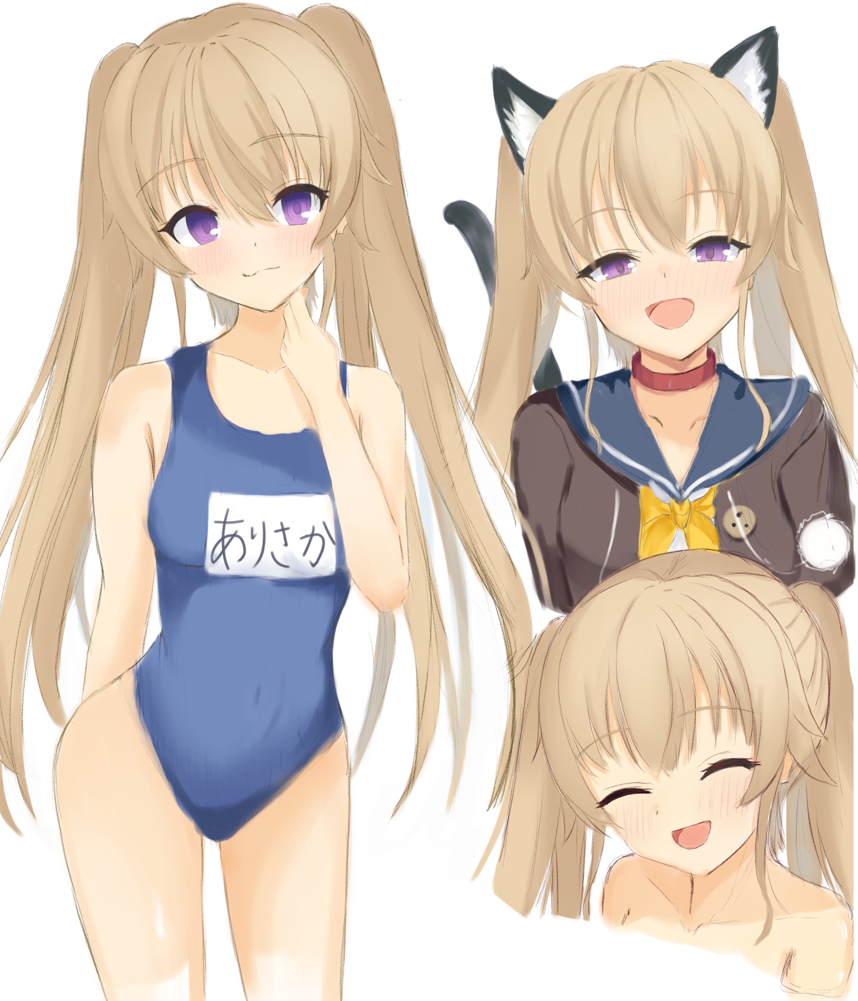 kiki0319i, arisaka mashiro, ao no kanata no four rhythm, absurdres, commentary, highres, 1girl, :3, :d, ^ ^, animal ear fluff, animal ears, arm behind back, blue one-piece swimsuit, blue sailor collar, blush, breasts, brown hair, cat ears, cat tail, character name, choker, closed eyes, closed mouth, collarbone, cowboy shot, cropped torso, eyes visible through hair, facing viewer, hair between eyes, half-closed eyes, hand up, happy, long hair, looking at viewer, multiple views, neckerchief, nose blush, one-piece swimsuit, open mouth, pom pom (clothes), purple eyes, red choker, sailor collar, school swimsuit, school uniform, serafuku, sidelocks, simple background, sketch, small breasts, smile, split mouth, straight hair, swimsuit, tail, twintails, upper body, very long hair, white background, yellow neckerchief