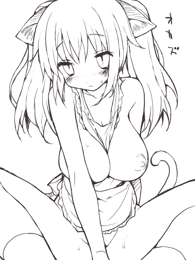 mutsutake, 1girl, animal ears, blush, breasts, cat ears, female focus, greyscale, large breasts, monochrome, nipples, solo, spread legs