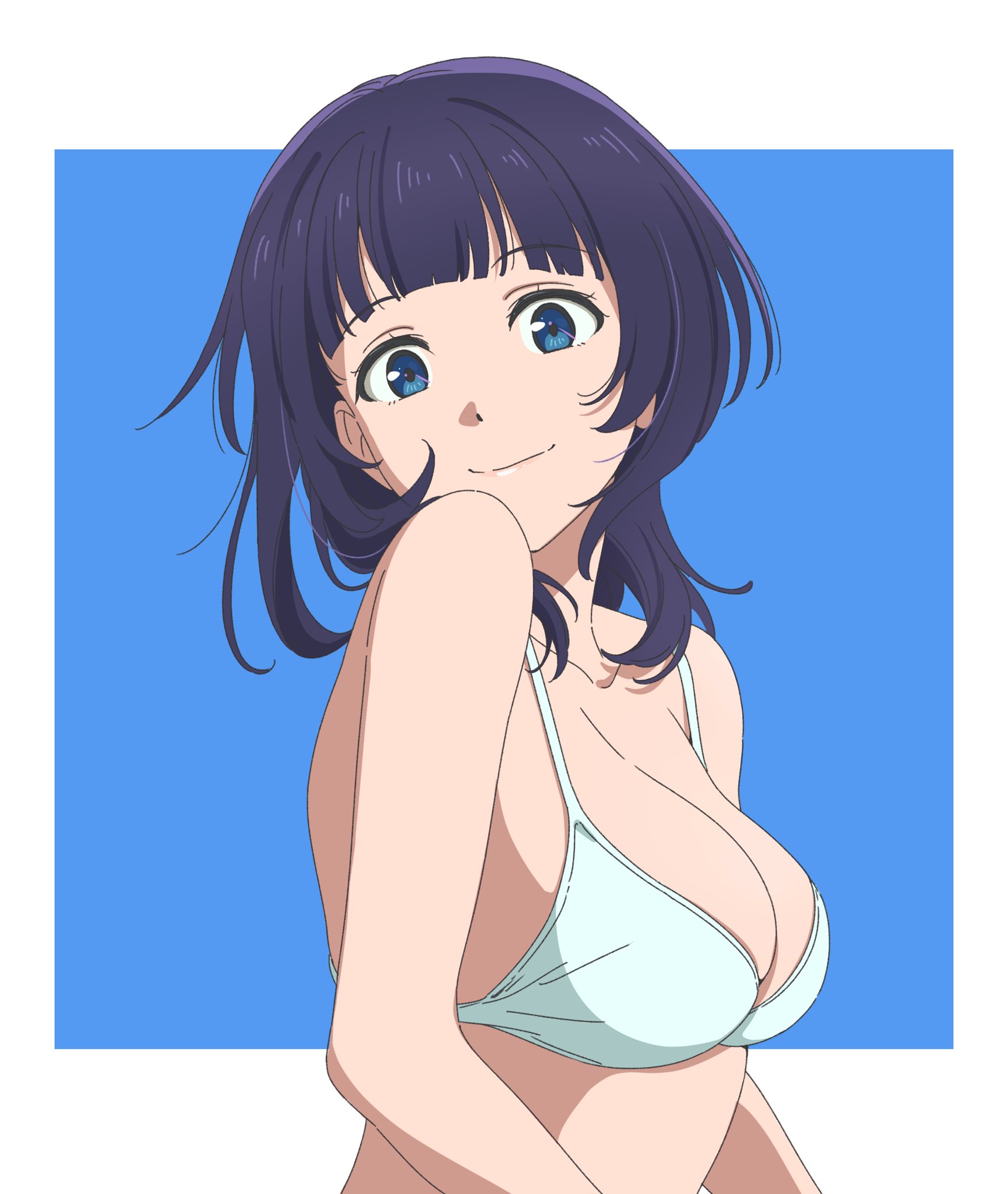sano keiichi, asaka karin, love live!, love live! nijigasaki high school idol club, highres, 1girl, bikini, black hair, blue eyes, breasts, collarbone, head tilt, large breasts, lips, looking at viewer, medium hair, outside border, smile, solo, swimsuit, white bikini