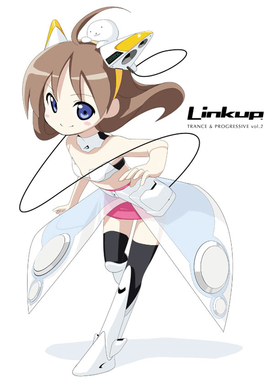 tsukigami runa, original, 1girl, ahoge, black thighhighs, blue eyes, brown hair, cable, collarbone, female focus, full body, hairband, headgear, looking at viewer, short hair, simple background, solo, thighhighs, white background