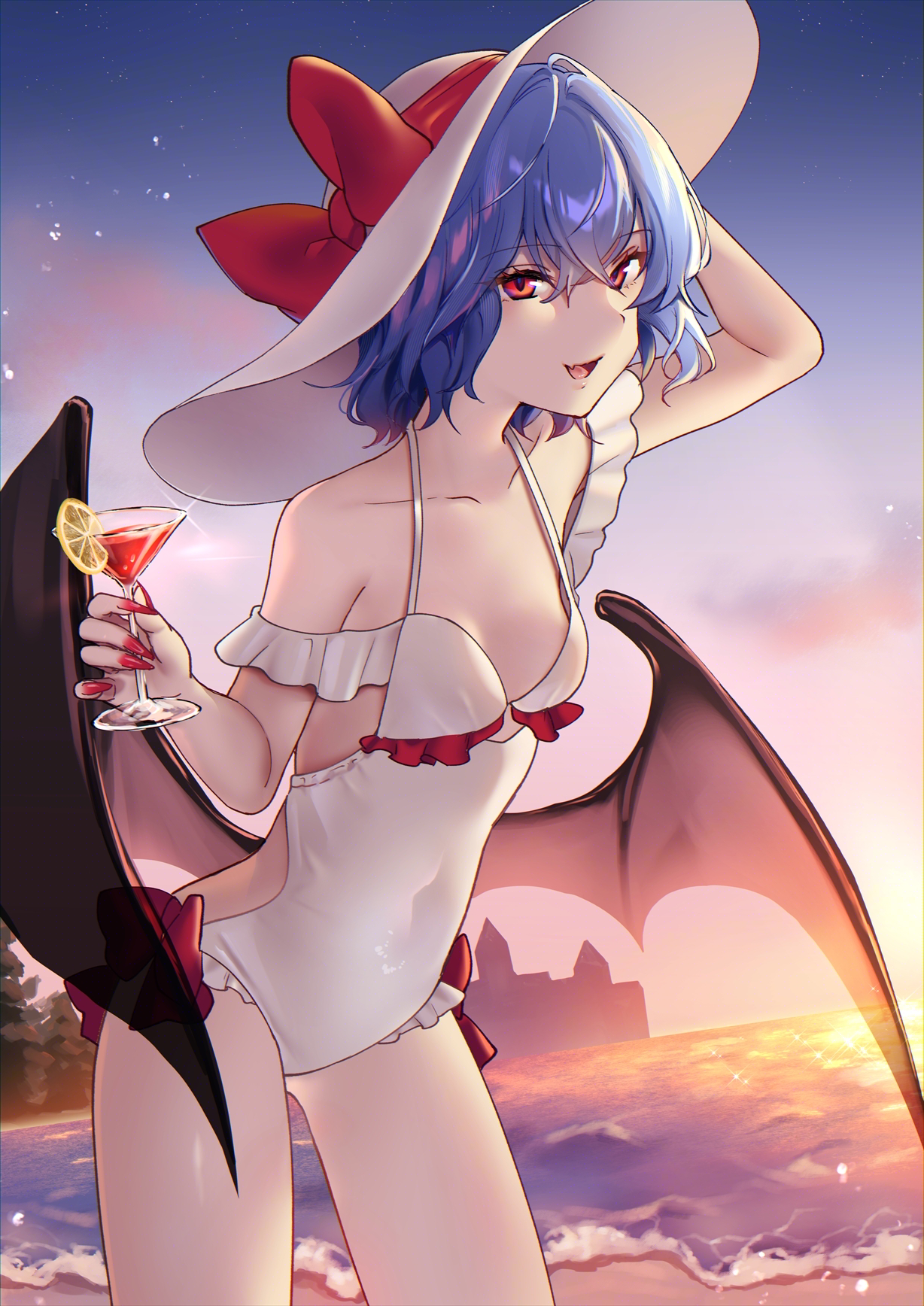 konoka oy, remilia scarlet, touhou, highres, 1girl, arm up, bare shoulders, bat wings, beach, bow, breasts, cleavage, cocktail glass, collarbone, cup, dark skin, drinking glass, dusk, food, fruit, hand up, hat, hat bow, hat ribbon, holding, holding cup, lemon, lemon slice, ocean, off-shoulder one-piece swimsuit, off shoulder, one-piece swimsuit, outdoors, parted lips, purple hair, red bow, red eyes, red ribbon, ribbon, short hair, small breasts, smile, solo, sun hat, swimsuit, waving, white hat, white one-piece swimsuit, wings