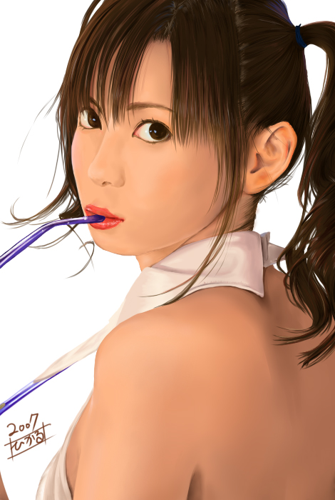 hikaru (artist), hikaru (dizzy), original, 1girl, backless dress, backless outfit, brown eyes, brown hair, dress, female focus, glasses, hair tie, halterneck, long hair, realistic, scrunchie, side ponytail, solo