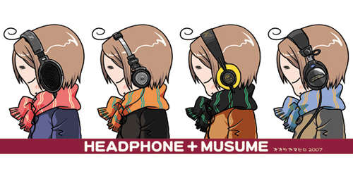 ootsuka mahiro, akg, headphone + musume, original, sennheiser, lowres, 1girl, chibi, headphones, multiple views, scarf