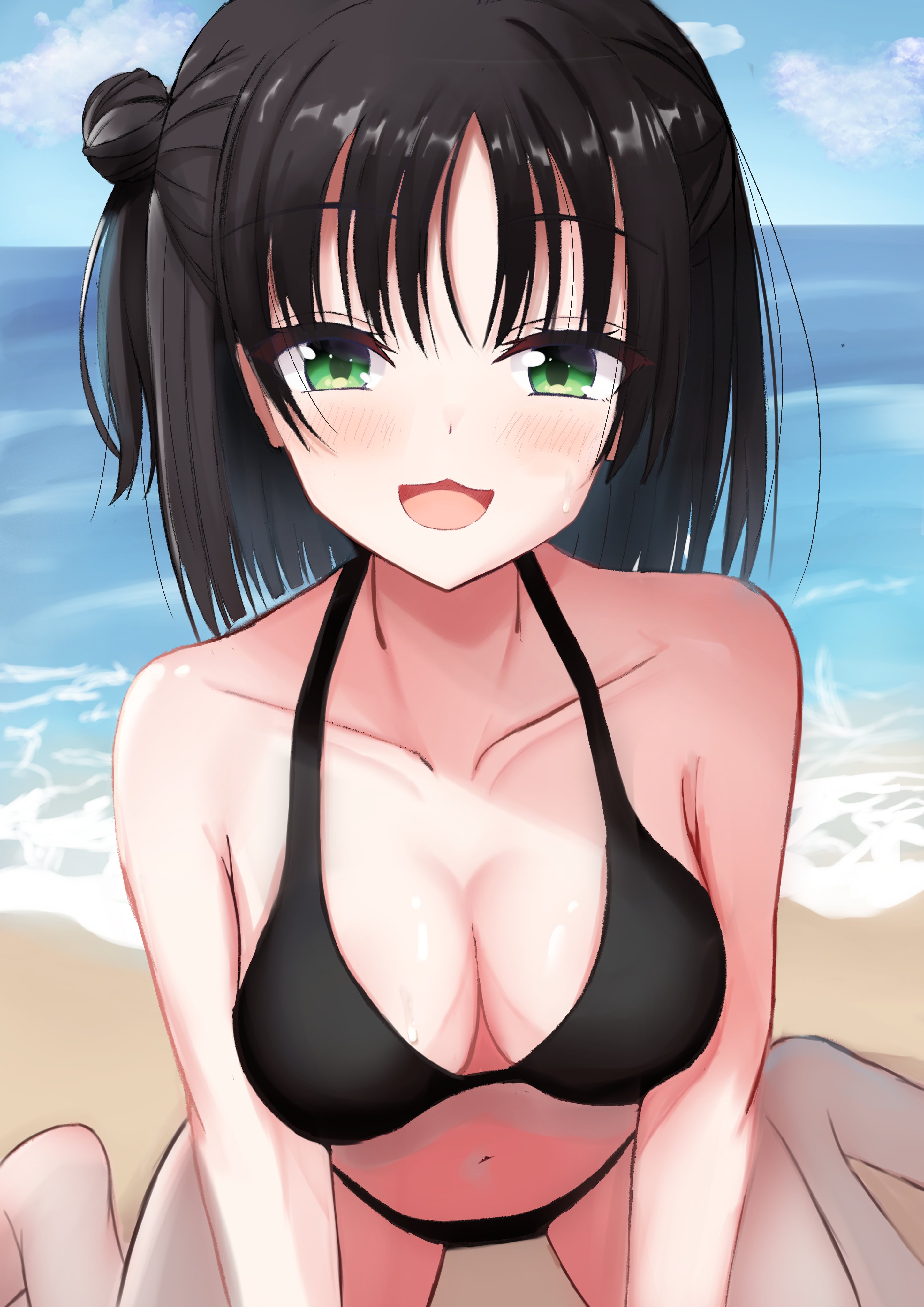 kiki0319i, hitachi mako, senren banka, absurdres, commentary, highres, 1girl, :3, :d, alternate costume, armpit crease, bare shoulders, barefoot, beach, bikini, black bikini, blue sky, blunt ends, blush, breasts, cleavage, cloud, collarbone, day, eyelashes, eyes visible through hair, green eyes, hair between eyes, hair bun, half updo, halterneck, happy, knees out of frame, large breasts, leaning forward, looking at viewer, medium hair, navel, ocean, official alternate hairstyle, one side up, open mouth, outdoors, single side bun, sitting, sky, smile, solo, sweat, swimsuit, wariza