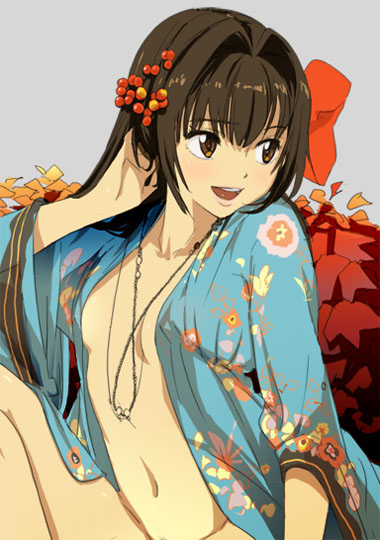 mebae, original, 1girl, breasts, brown eyes, brown hair, female focus, female pubic hair, hair ornament, hand in own hair, jewelry, lips, navel, necklace, open clothes, open mouth, open robe, out-of-frame censoring, pubic hair, robe, sideboob, small breasts, smile, solo
