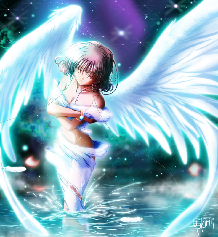 yukirin, amano mishio, kanon, md5 mismatch, 1girl, airbrush, angel, brown hair, female focus, night, short hair, signature, solo, star (symbol), water, wings