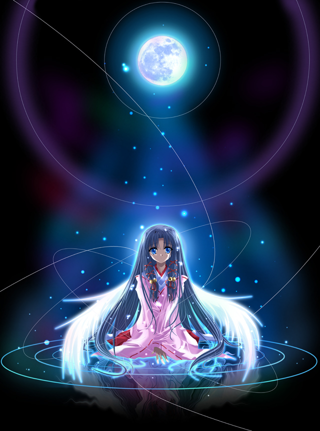 kanna, kannabi no mikoto, air (visual novel), duplicate, 00s, 1girl, angel, angel wings, bell, black background, blue eyes, blue hair, dark, female focus, full body, full moon, glowing, hair ornament, hair ribbon, japanese clothes, kimono, long hair, matching hair/eyes, miko, moon, nontraditional miko, parted bangs, ribbon, sitting, solo, string, tress ribbon, very long hair, wariza, wings