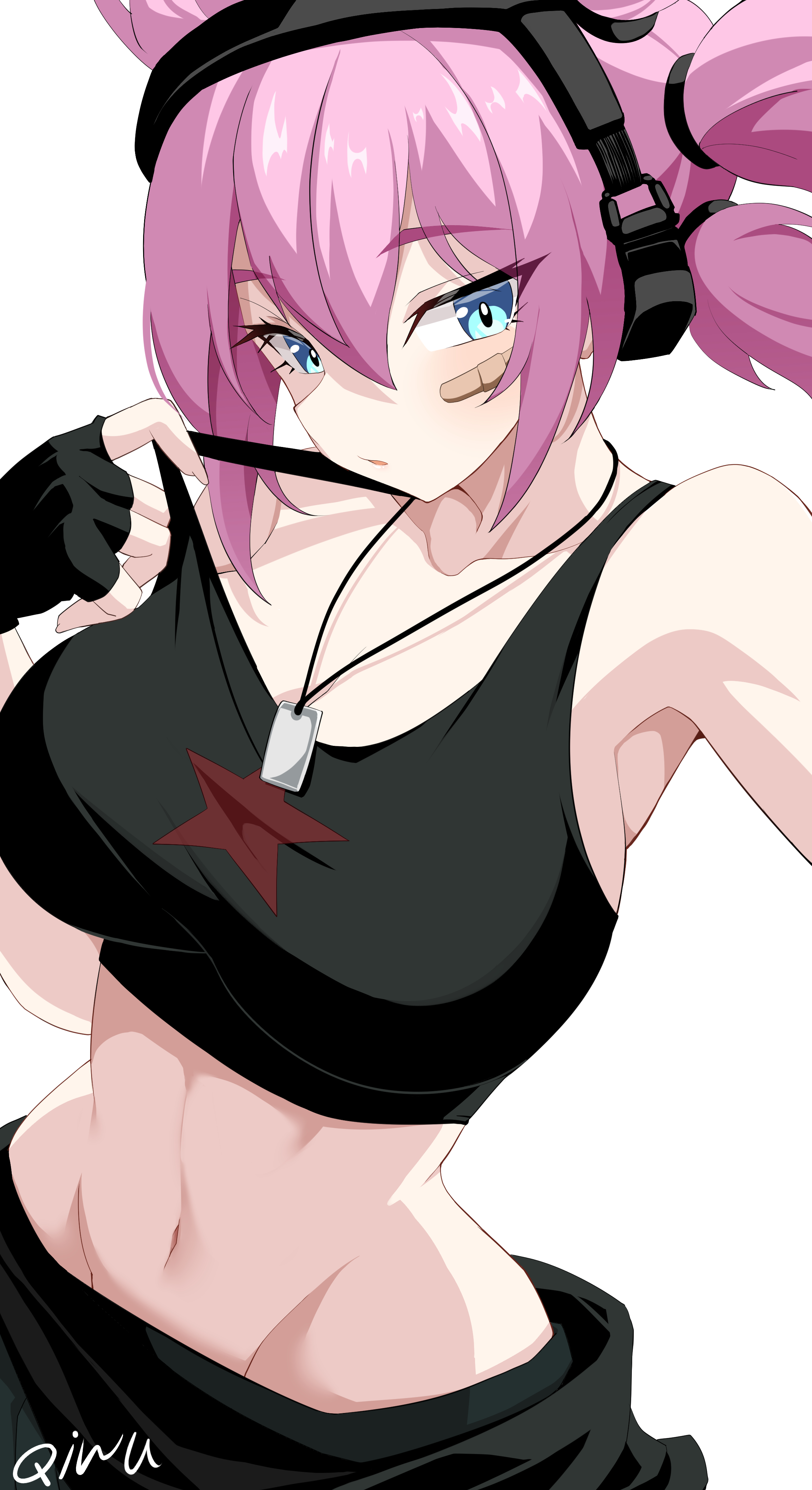 oywj, command & conquer, command & conquer: red alert, command & conquer: red alert 2, absurdres, highres, 1girl, artist name, bandaid, bandaid on face, bare shoulders, black gloves, black tank top, blue eyes, clothes grab, collarbone, crop top, dog tags, expressionless, fingerless gloves, foehn revolt, gloves, hair between eyes, jewelry, looking at viewer, mental omega (mod), midriff, military vehicle, motor vehicle, multi-tied hair, navel, necklace, pink hair, shirt grab, signature, simple background, sleeveless, star (symbol), strap pull, tank, tank top, upper body, white background, yunru (mental omega)