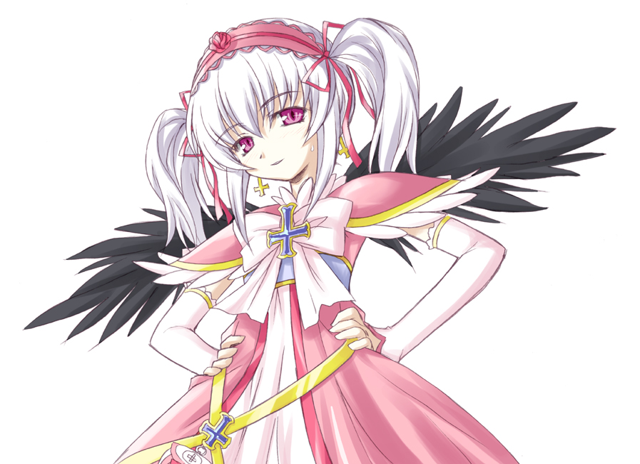 aoi kumiko, tanaka rie, kujou hikari, suigintou, futari wa precure, futari wa precure max heart, precure, rozen maiden, 00s, 1girl, alternate costume, cross, dress, earrings, female focus, hair between eyes, hands on own hips, inverted cross, jewelry, latin cross, magical girl, ribbon, simple background, solo, twintails, voice actor connection, white background, wings