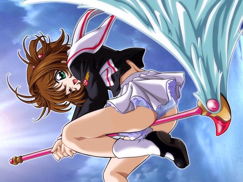 d-ten, kinomoto sakura, cardcaptor sakura, 1990s (style), 1girl, female focus, fuuin no tsue, magical girl, mary janes, one eye closed, own hands clasped, own hands together, panties, pantyshot, retro artstyle, shoes, sitting, skirt, socks, solo, underwear, upskirt, wings, wink