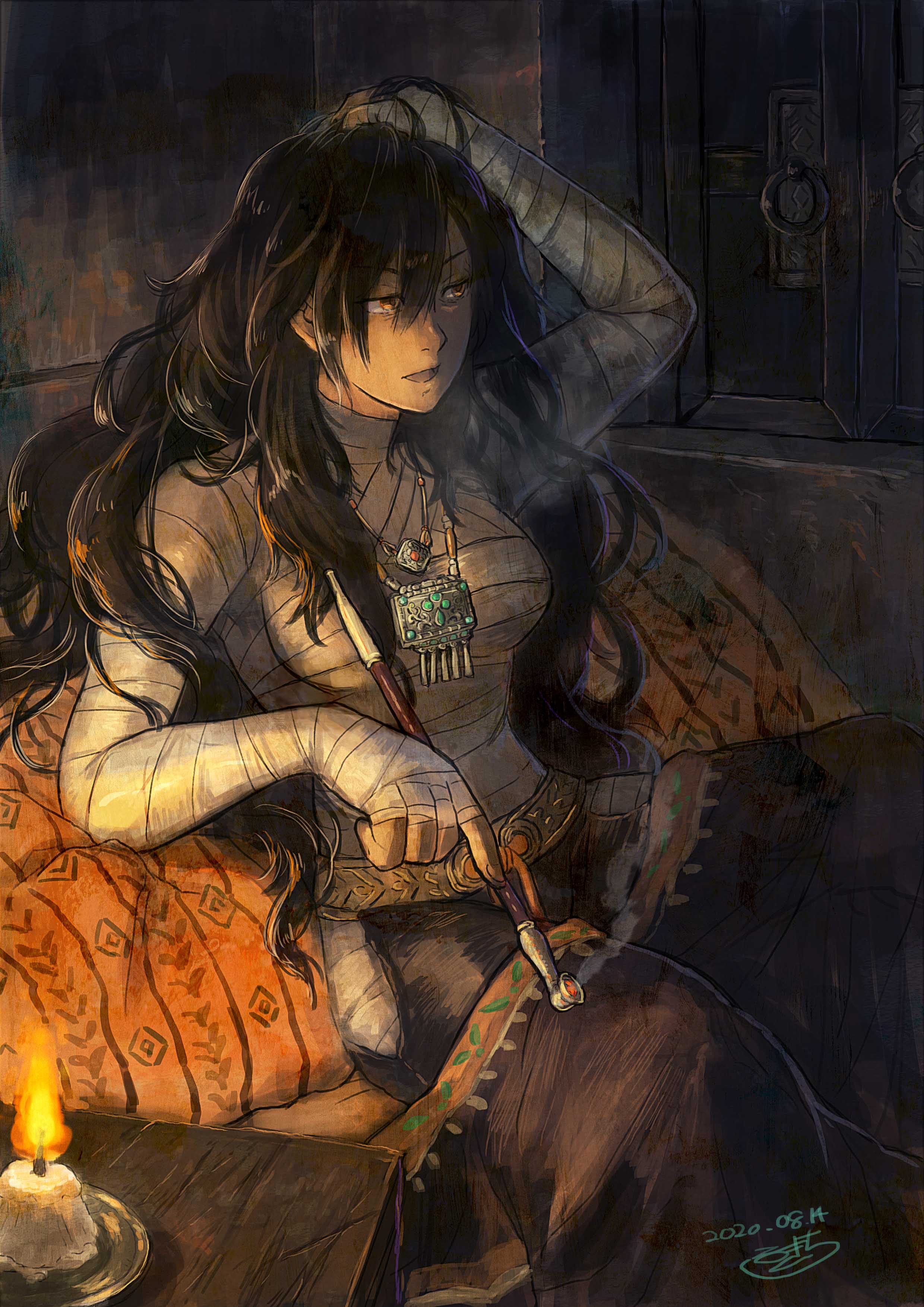 rukichi (t rutamagon), original, absurdres, commentary request, highres, 1girl, bandaged arm, bandaged chest, bandaged hand, bandaged leg, bandages, belt, black hair, black pants, blanket, breasts, brown eyes, candle, couch, cushion, dark, dated, elbow rest, fire, gold belt, hair between eyes, hair over shoulder, hand in own hair, holding, holding smoking pipe, indoors, jewelry, kiseru, large breasts, long hair, looking to the side, messy hair, necklace, on couch, open mouth, pants, signature, sitting, smile, smoke, smoking, smoking pipe, solo, under covers, window