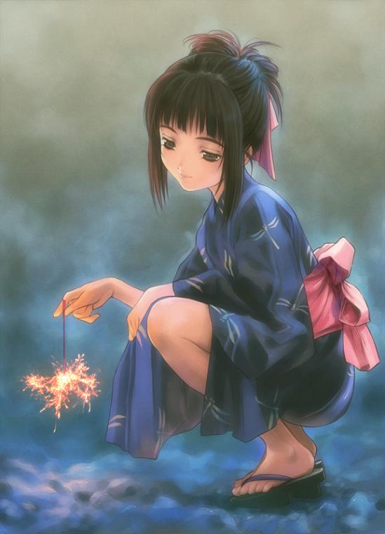 goto p, original, 1girl, female focus, fireworks, from side, full body, japanese clothes, okobo, platform sandals, sandals, senkou hanabi, solo, sparkler