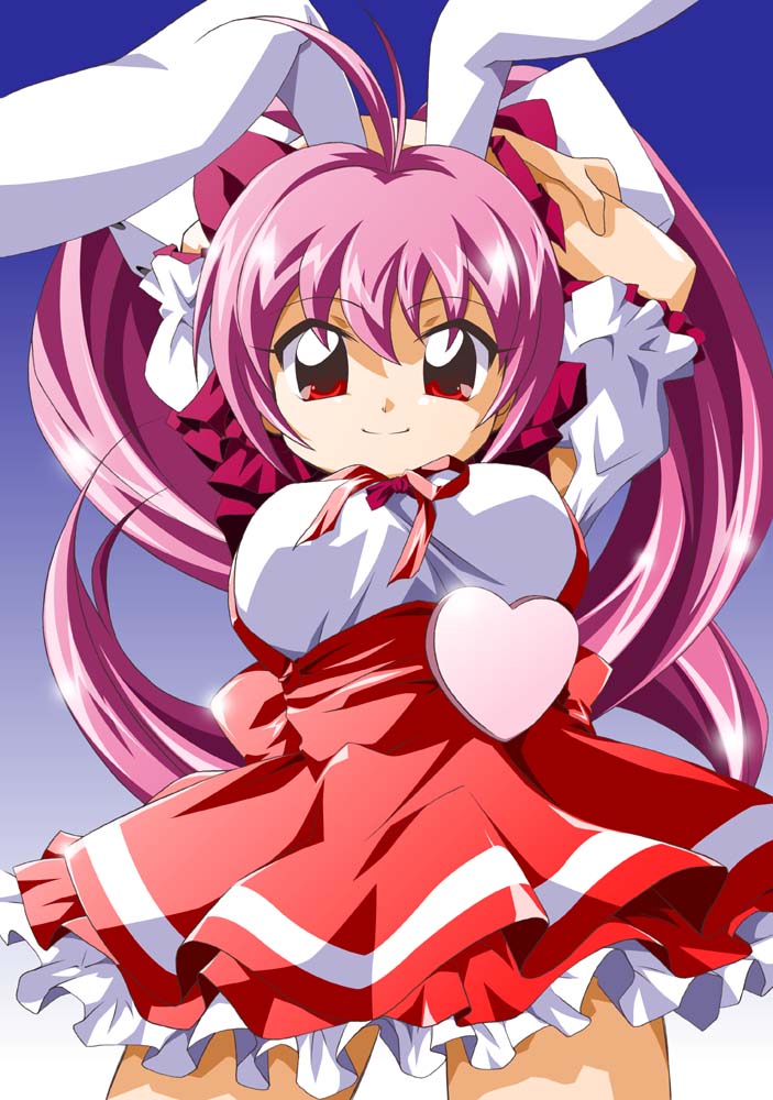usada hikaru, di gi charat, animal ears, antenna hair, arms behind head, crossed arms, dice, heart, long hair, pink hair, rabbit ears, rabbit girl, red eyes, ribbon, smile, solo, twintails