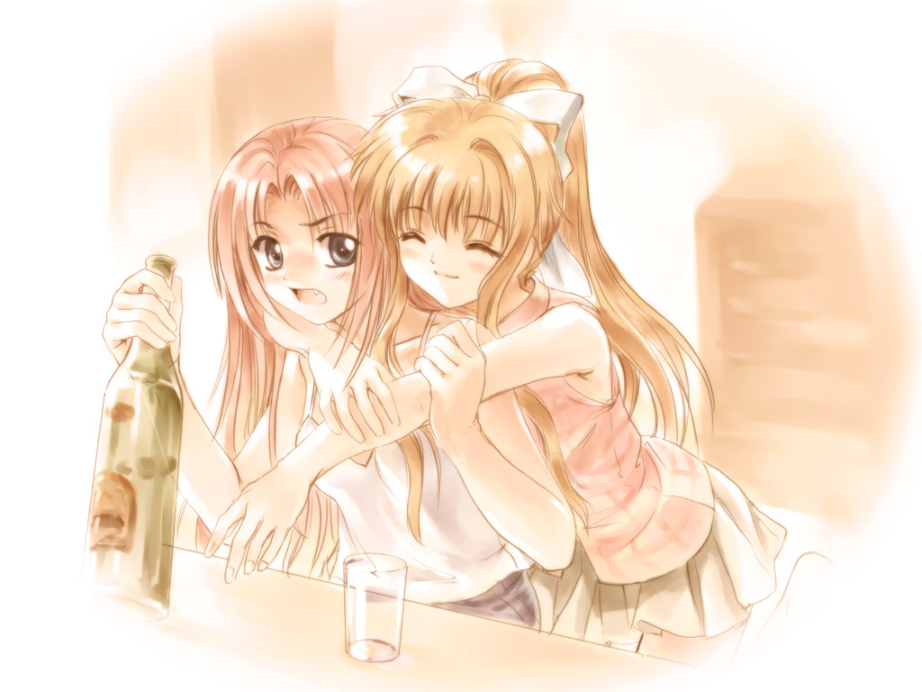 mutsuki (moonknives), kamio haruko, kamio misuzu, air (visual novel), 00s, 2girls, alcohol, blonde hair, blouse, blue eyes, bottle, closed eyes, drink, drinking, glass, hug, long hair, mother and daughter, multiple girls, ponytail, red hair, shirt, skirt, sleeveless, sleeveless shirt, smile, wine
