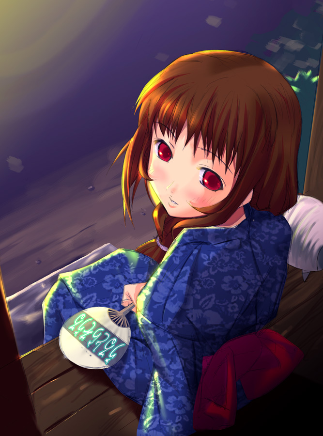 1girl, blue kimono, blush, braid, brown hair, female focus, from above, hand fan, incense, japanese clothes, kimono, looking back, paper fan, pig, porch, red eyes, solo, uchiwa, veranda, yukata