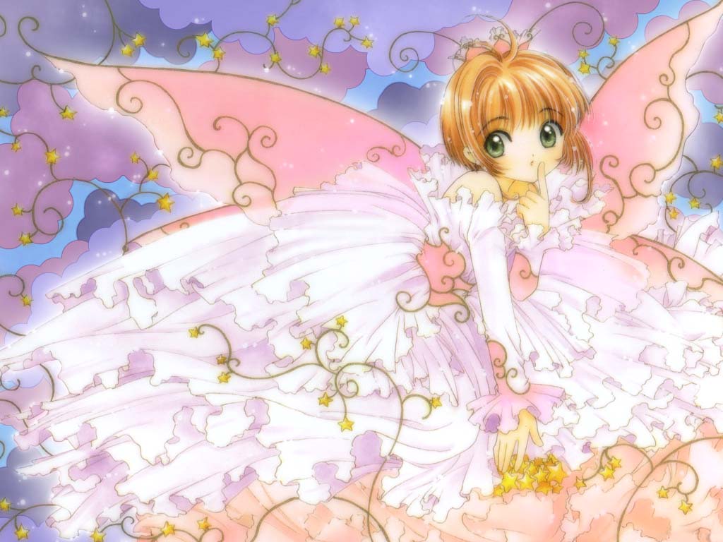 clamp, kinomoto sakura, cardcaptor sakura, eyebrows, official art, official wallpaper, 1990s (style), 1girl, ahoge, antenna hair, brown hair, child, cloud, dress, female focus, finger to mouth, frills, green eyes, hair intakes, off shoulder, retro artstyle, short hair, solo, star (symbol), wings