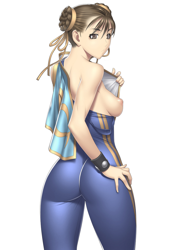 kansuke, chun-li, capcom, street fighter, 1girl, ass, blue bodysuit, bodysuit, breasts, brown eyes, brown hair, double bun, double vertical stripe, female focus, hair bun, huge ass, leotard, medium breasts, nipples, sideboob, skin tight, solo, spandex, undressing, unitard, wedgie