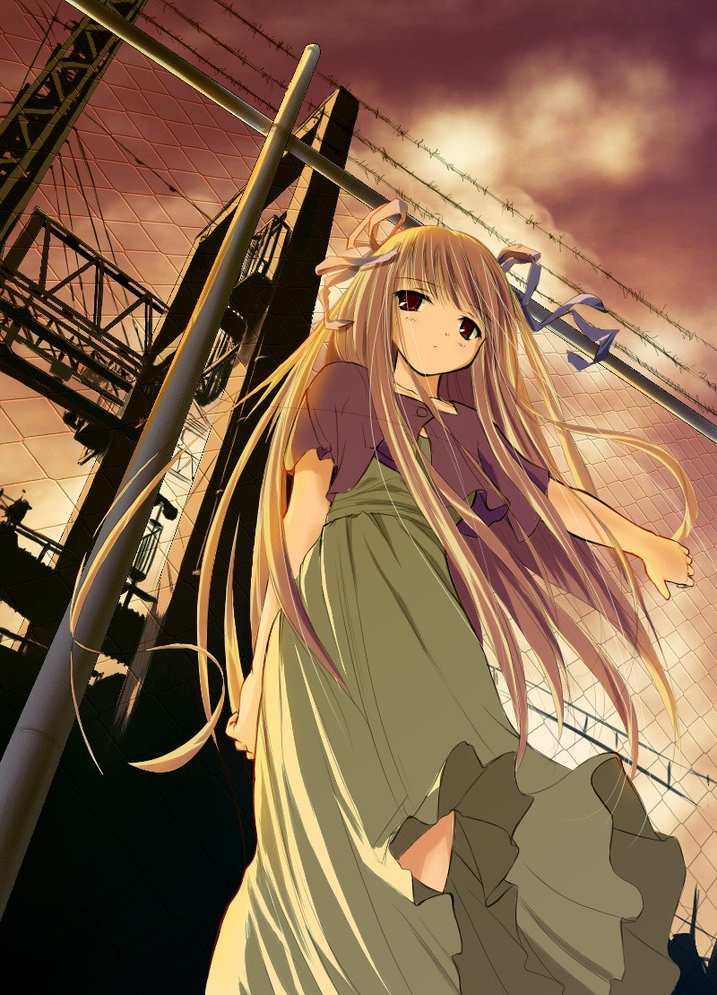 nimura yuuji, toono minagi, air (visual novel), visual art's, 00s, 1girl, barbed wire, chain-link fence, dress, female focus, fence, long hair, red eyes, ribbon, solo, sunset