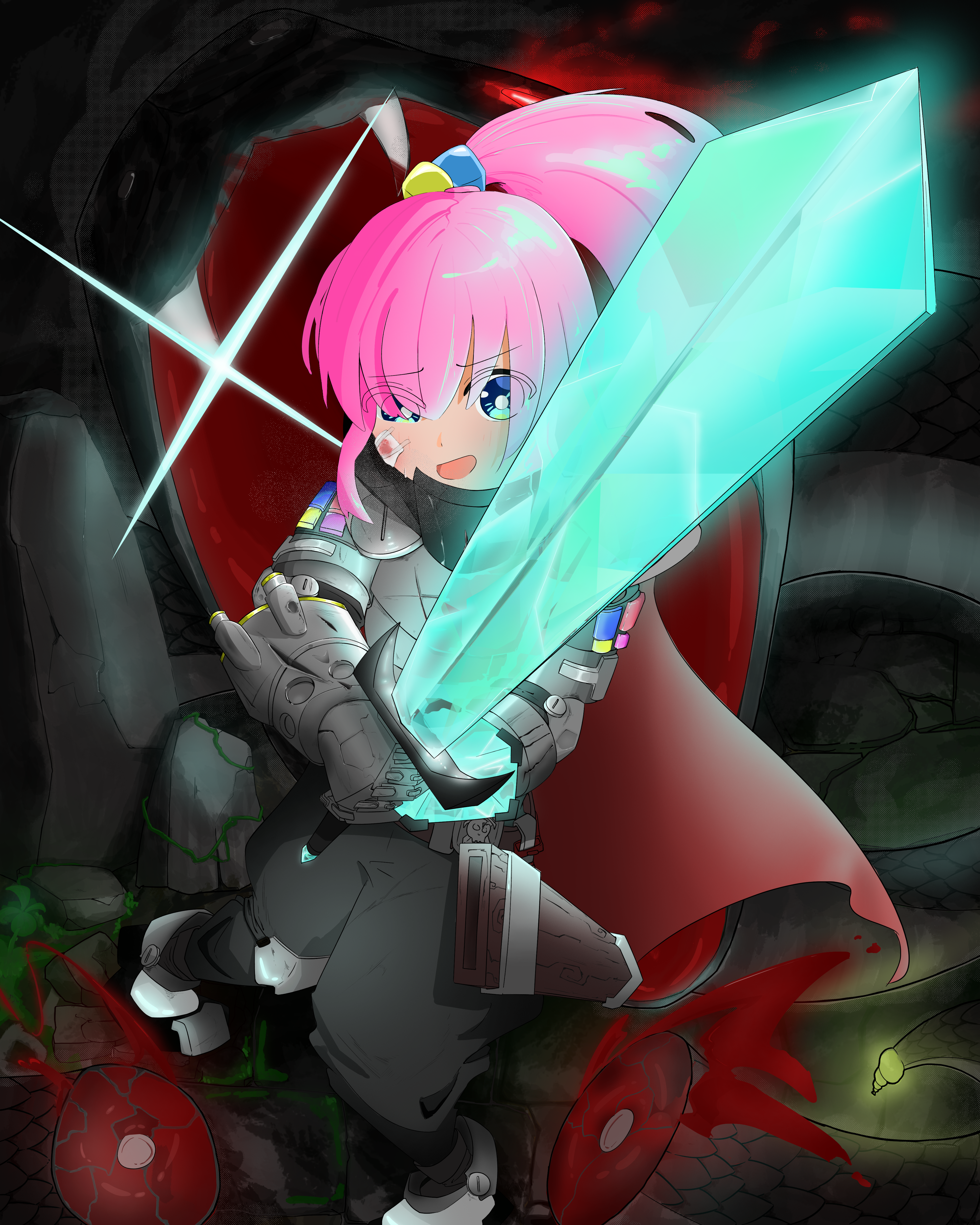 gotoh hitori, bocchi the rock!, absurdres, bad source, highres, armor, blue eyes, cave, holding, holding sword, holding weapon, lingg2525, minecraft sword, pink hair, rock, snake, sword, weapon