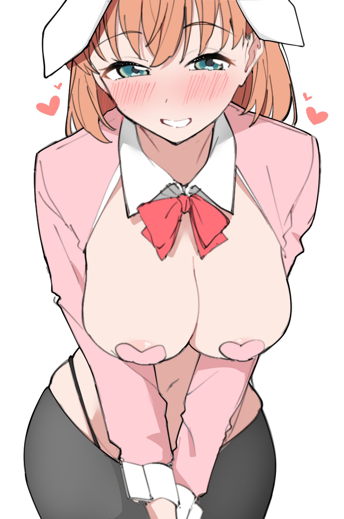 liz (piyoko piyop), hinoshita kaho, link! like! love live!, love live!, highres, 1girl, animal ears, black pantyhose, blush, bow, breasts, breasts out, bunny day, covered erect nipples, green eyes, grin, half-closed eyes, heart, heart sticker, jacket, large breasts, leaning forward, leotard, looking at viewer, medium hair, midriff, navel, orange hair, panties, pantyhose, pink jacket, playboy bunny, rabbit ears, sketch, smile, solo, sticker, string panties, underwear, v arms, white background, wrist cuffs