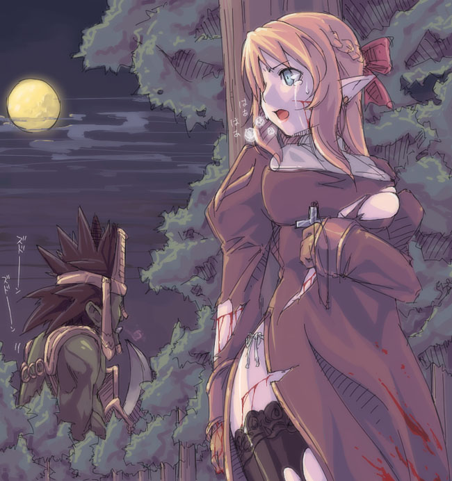 kyo (kuroichigo), orc hero, priest (ragnarok online), ragnarok online, 1boy, 1girl, blood, breasts, cloud, constricted pupils, cross, cross necklace, crying, crying with eyes open, earrings, elf, forest, full moon, gloves, hair ribbon, heavy breathing, hiding, injury, jewelry, large breasts, looking to the side, medium breasts, moon, nature, necklace, night, no bra, outdoors, panties, pointy ears, priest, priestess, puffy sleeves, ribbon, side-tie panties, side slit, sword, tears, thighhighs, torn clothes, tree, underwear, weapon
