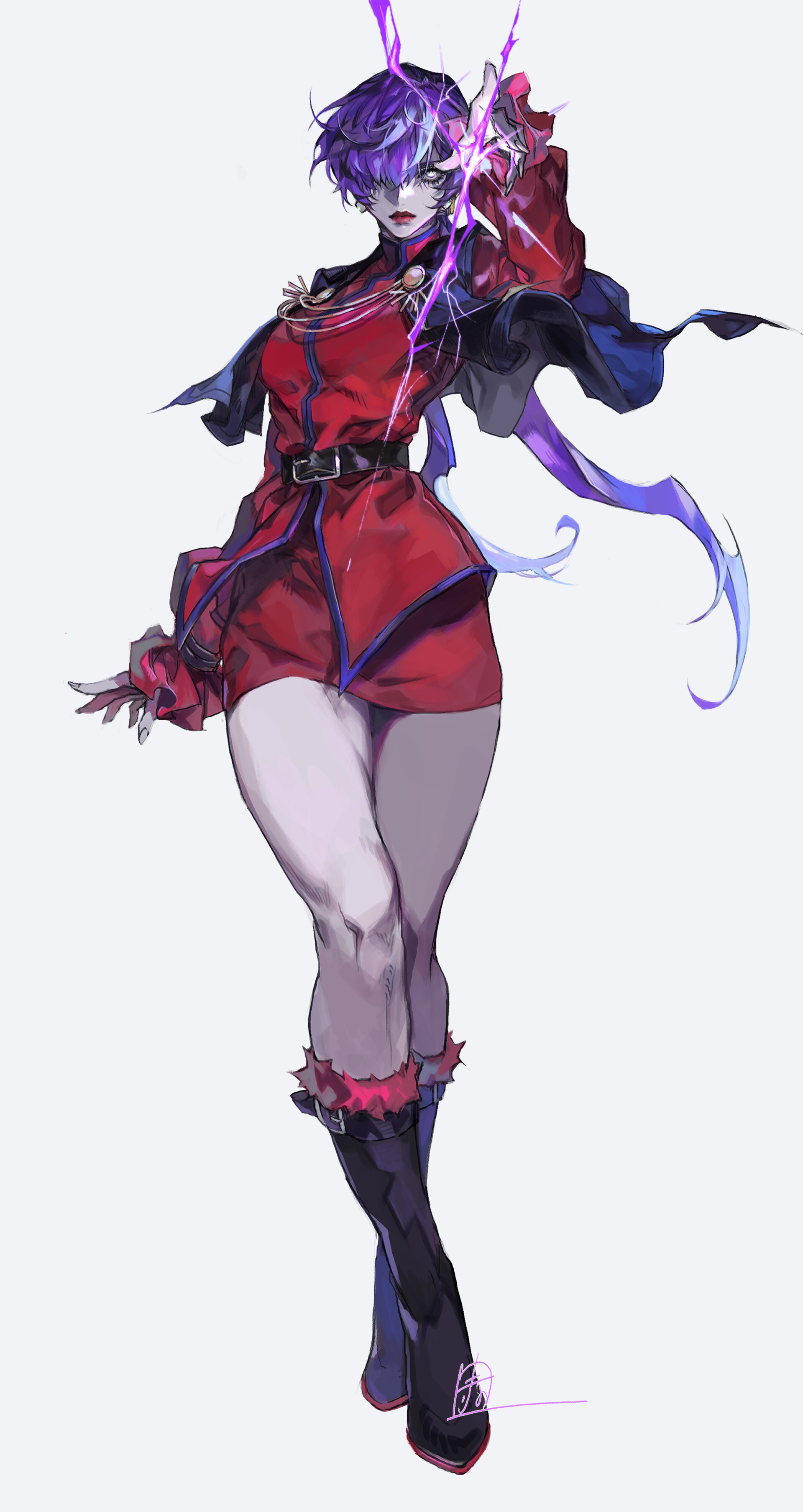 redeye rei, orochi shermie, shermie (kof), the king of fighters, 1girl, boots, breasts, costume, curvy, dress, electricity, hand up, huge breasts, large breasts, long hair, long sleeves, looking at viewer, pale skin, ponytail, skirt, standing, thick thighs, thighs, thunder, toned, toned female, twintails, wide hips