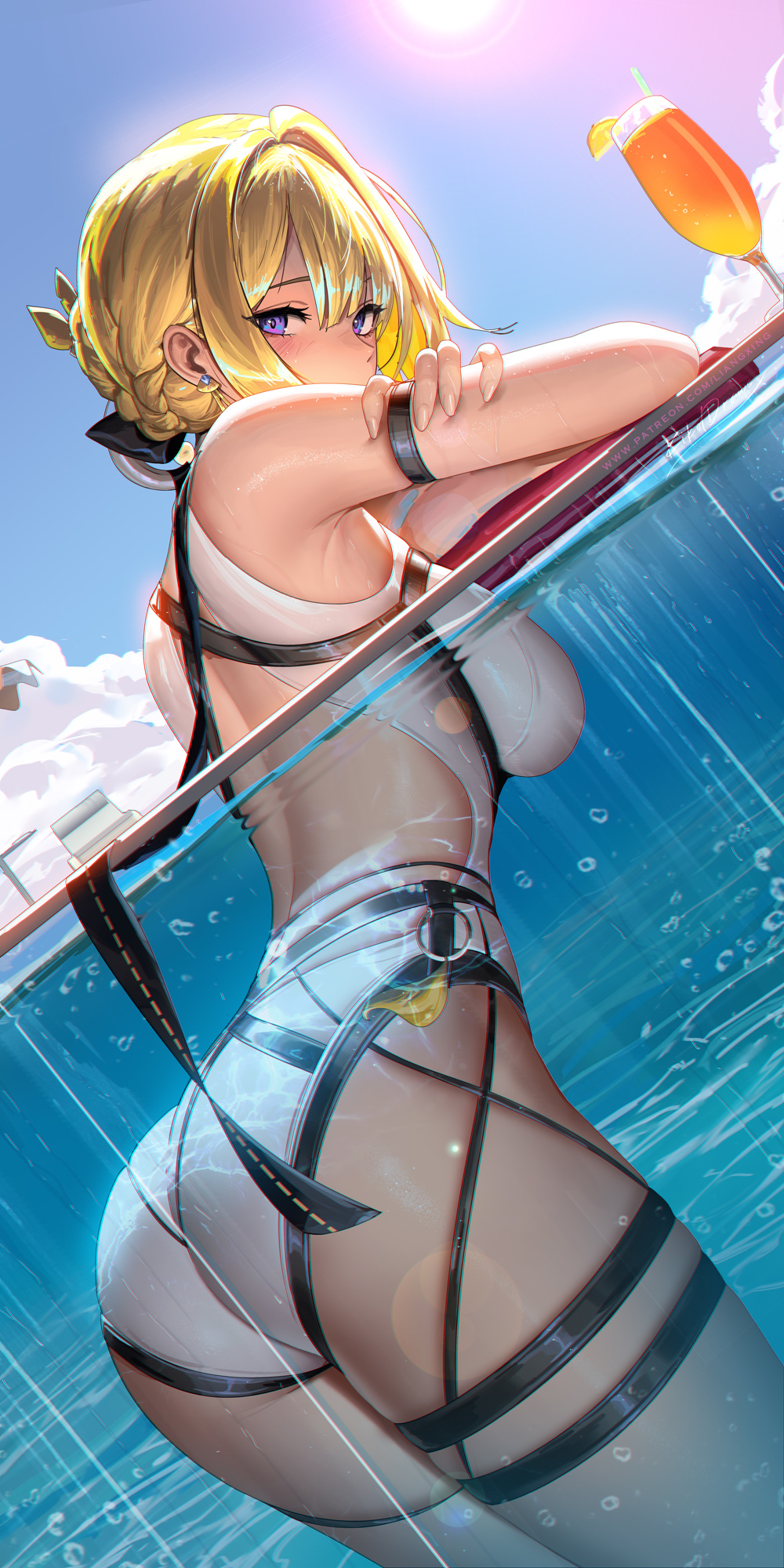liang xing, evelyn chevalier, zenless zone zero, 1girl, alternate costume, ass, bare shoulders, blonde hair, blue eyes, breasts, from behind, hair bun, hair ribbon, large breasts, looking at viewer, one-piece swimsuit, ribbon, short hair, sideboob, solo, swimsuit