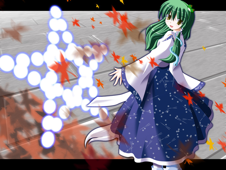 kii (mahoraba), kochiya sanae, touhou, white legwear, 1girl, blue skirt, danmaku, female focus, frog hair ornament, green hair, hair ornament, leaf, long hair, long sleeves, looking at viewer, skirt, snake hair ornament, solo, standing, star (symbol), wide sleeves, yellow eyes