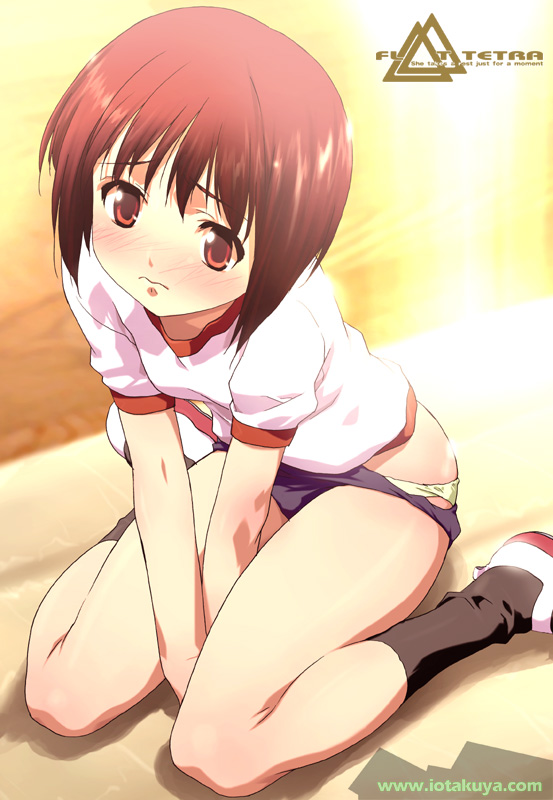hakua ugetsu, io takuya, hagiwara yukiho, idolmaster, idolmaster (classic), idolmaster 1, original, 00s, 1girl, backlighting, blush, buruma, buruma pull, clothes pull, dusk, english text, female focus, gym uniform, kneehighs, kneeling, panties, pink eyes, pink hair, sad, shoes, short hair, sitting, socks, solo, sunset, underwear, white shoes, yellow panties