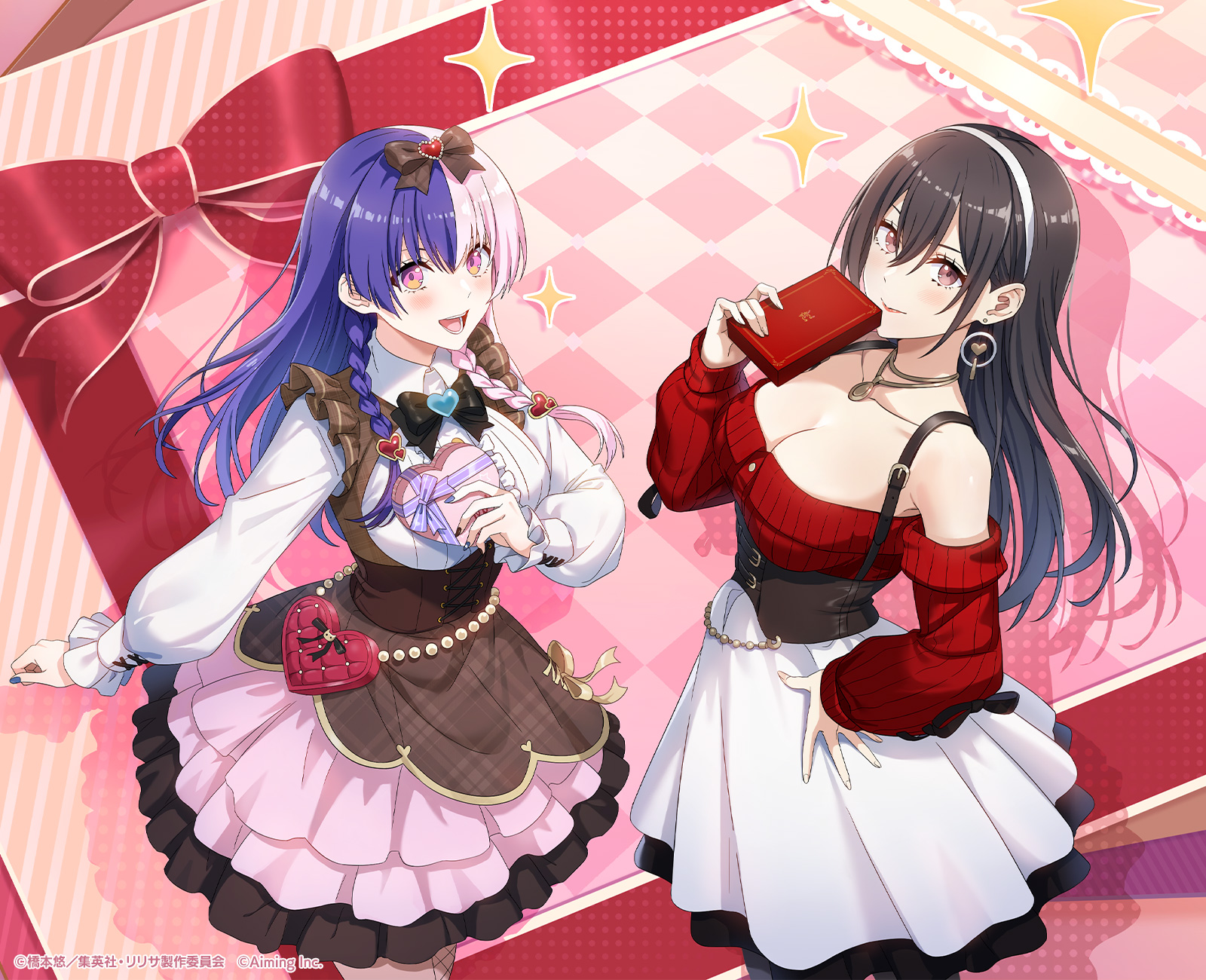 753 (2.5 jigen no ririsa), hanyuu mayuri, 2.5 jigen no ririsa, 2.5 jigen no ririsa tenshitachi no stage, highres, official art, 2girls, bare shoulders, black bow, black bowtie, black hair, blue nails, blush, bow, bowtie, box, box of chocolates, braid, breasts, brown corset, cleavage, collarbone, collared shirt, copyright notice, corset, earrings, hair bow, hairband, hand on own hip, holding, holding box, jewelry, large breasts, layered skirt, long sleeves, looking at viewer, multicolored hair, multiple girls, off-shoulder sweater, off shoulder, open mouth, pink eyes, pink hair, pink skirt, purple hair, red eyes, shirt, skirt, smile, sparkle, split-color hair, sweater, white hairband, white shirt, white skirt