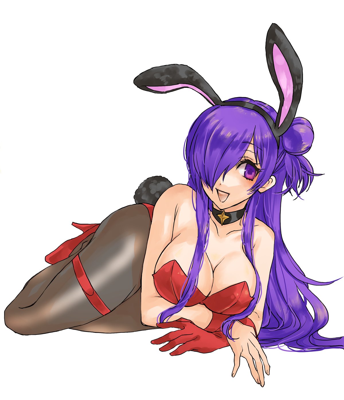 bryminoru, female shez (fire emblem), fire emblem, fire emblem: three houses, fire emblem warriors: three hopes, nintendo, commentary request, highres, 1girl, :d, alternate costume, animal ears, ass, black choker, black pantyhose, breasts, choker, cleavage, elbow gloves, fake animal ears, fake tail, gloves, hair bun, hair over one eye, large breasts, leotard, long hair, looking at viewer, lying, on ground, one eye covered, open mouth, pantyhose, playboy bunny, purple eyes, purple hair, rabbit ears, rabbit tail, red leotard, sideboob, simple background, single glove, single hair bun, smile, solo, tail, white background