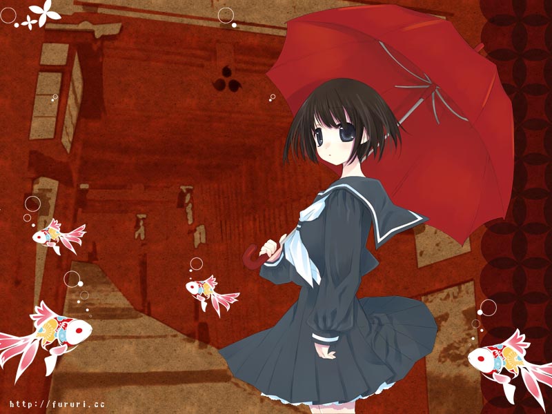 hinayuki usa, original, blue eyes, fish, school uniform, serafuku, short hair, solo, umbrella