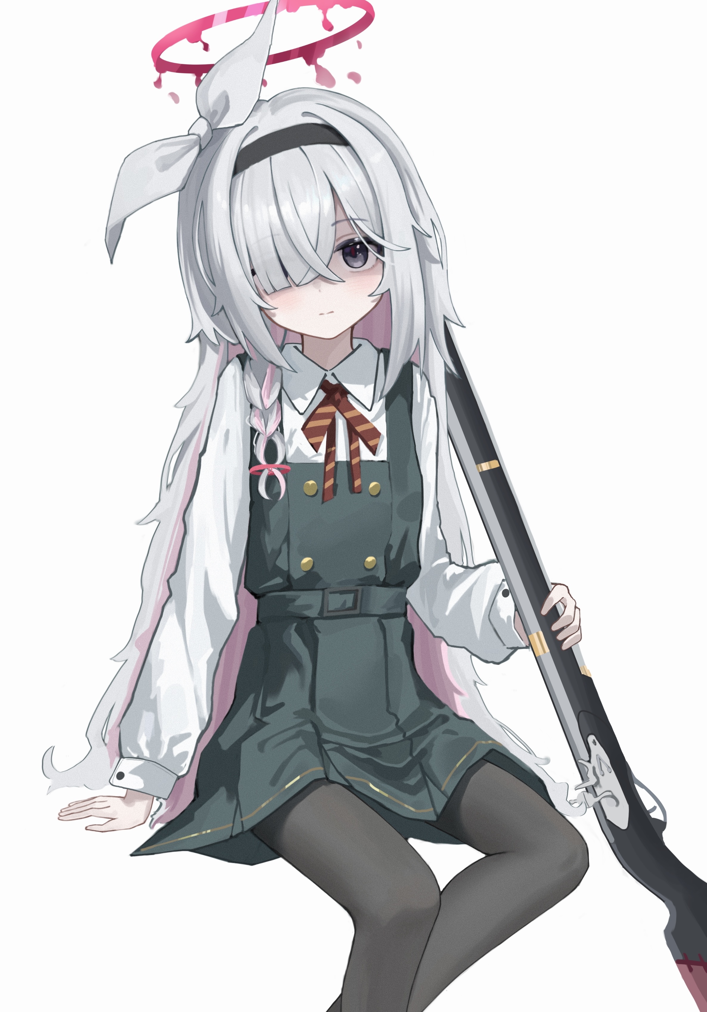 xiaoxiaoyifan, kanoe (blue archive), plana (blue archive), blue archive, absurdres, chinese commentary, commentary request, highres, making-of available, 1girl, antique firearm, arm support, black hairband, black pantyhose, blunderbuss, blush, bow, braid, buttons, closed mouth, collared shirt, colored inner hair, cosplay, diagonal-striped ribbon, double-breasted, dress, expressionless, feet out of frame, firearm, firelock, flintlock, green dress, grey eyes, gun, hair bow, hair ornament, hair over one eye, hairband, halo, holding, holding gun, holding weapon, invisible chair, kanoe (blue archive) (cosplay), long hair, long sleeves, looking at viewer, melting halo, messy hair, multicolored hair, neck ribbon, pantyhose, pinafore dress, pink hair, pink halo, red pupils, red ribbon, ribbon, shaded face, shirt, sidelocks, simple background, single braid, sitting, sleeveless, sleeveless dress, solo, split mouth, two-tone hair, very long hair, weapon, white background, white bow, white hair, white shirt