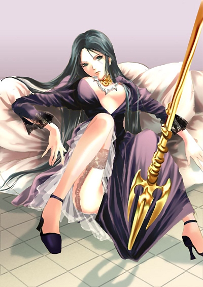 pandora (saint seiya), saint seiya, saint seiya: the lost canvas, 1girl, black hair, breasts, cleavage, female focus, garter belt, green eyes, green hair, high heels, large breasts, lingerie, long hair, matching hair/eyes, no panties, polearm, shoes, slave, solo, thighhighs, trident, underwear, weapon