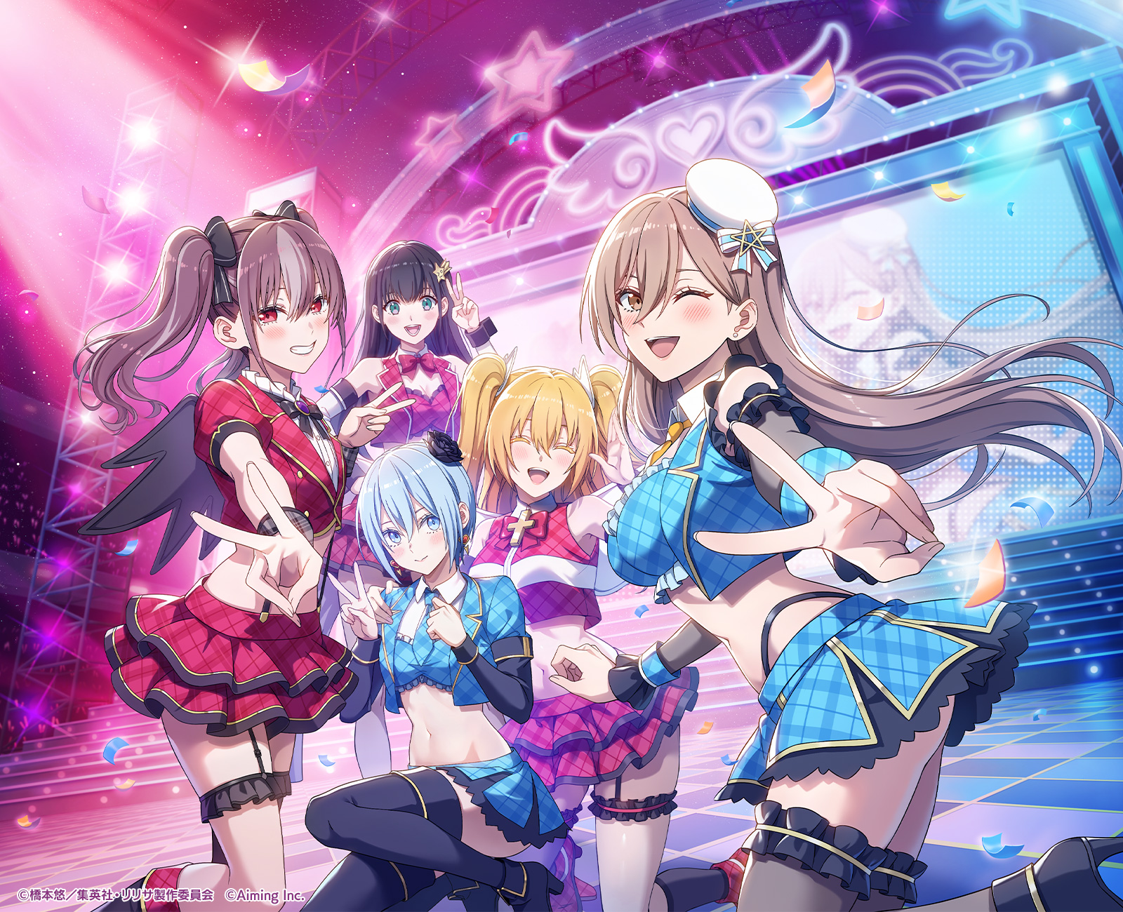 abe marina, amano ririsa, kisaki aria, liliel (2.5 jigen no ririsa), nokiel (2.5 jigen no ririsa), nonoa (2.5 jigen no ririsa), tachibana mikari, 2.5 jigen no ririsa, 2.5 jigen no ririsa tenshitachi no stage, highres, official art, 5girls, ;d, bare shoulders, black bow, black garter straps, black hair, black socks, black thighhighs, blonde hair, blue hair, blue jacket, blue shirt, blue skirt, blush, bow, bowtie, breasts, brown eyes, brown hair, closed eyes, cosplay, crop top, cropped jacket, facing viewer, frilled thigh strap, garter straps, green eyes, grin, hair bow, hair ornament, hat, hat ornament, idol, jacket, kneeling, large breasts, liliel (2.5 jigen no ririsa) (cosplay), looking at viewer, midriff, mini hat, multiple girls, navel, on one knee, one eye closed, open mouth, plaid clothes, plaid skirt, red bow, red bowtie, red eyes, red shirt, red skirt, shirt, skirt, small breasts, smile, socks, star (symbol), star hair ornament, star hat ornament, thigh strap, thighhighs, twintails, two side up, v, white hat