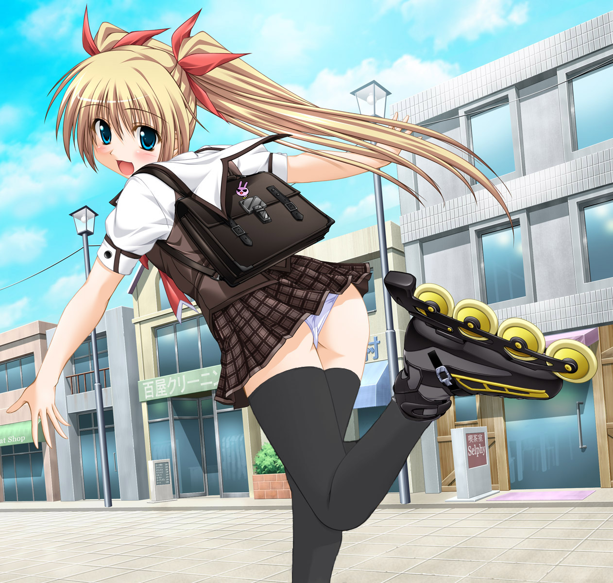 yashima anna, katakoi no tsuki, highres, 1girl, ass, blonde hair, blue eyes, female focus, inline skates, leg lift, outstretched arms, panties, pantyshot, roller skates, school uniform, serafuku, short twintails, skates, skirt, smile, solo, spread arms, standing, thighhighs, twintails, underwear, upskirt